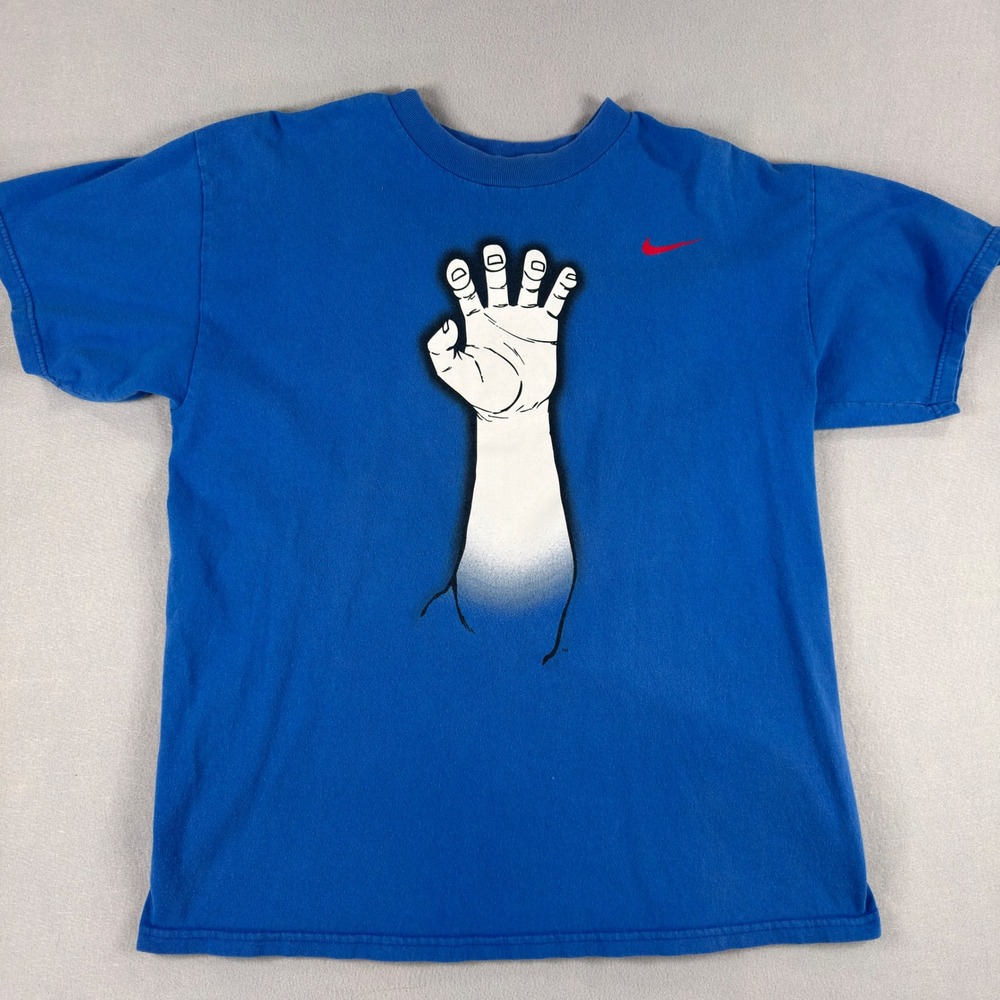 VTG Nike Texas Rangers Blue Adult L T-Shirt Front Hand Back Antlers Deer Hands